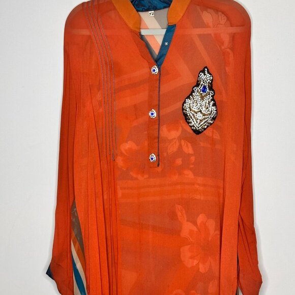 Orange Chiffon Kurta With Embellished Patch & Geometric Floral Pattern - Picture 4 of 13
